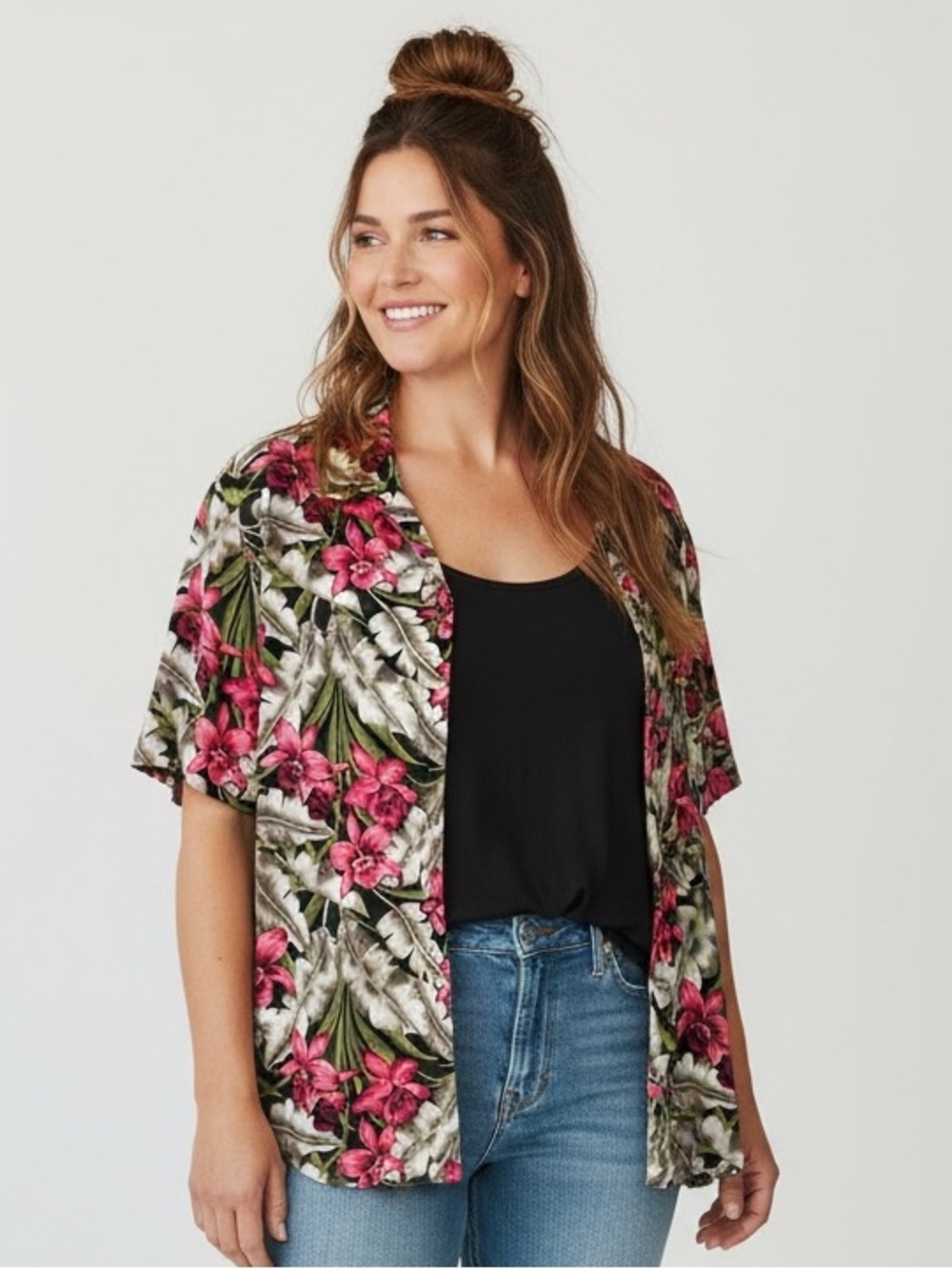 Vintage Sarah B Woman Layered Tropical Floral Blouse Jacket 2X Pink Hawaiian